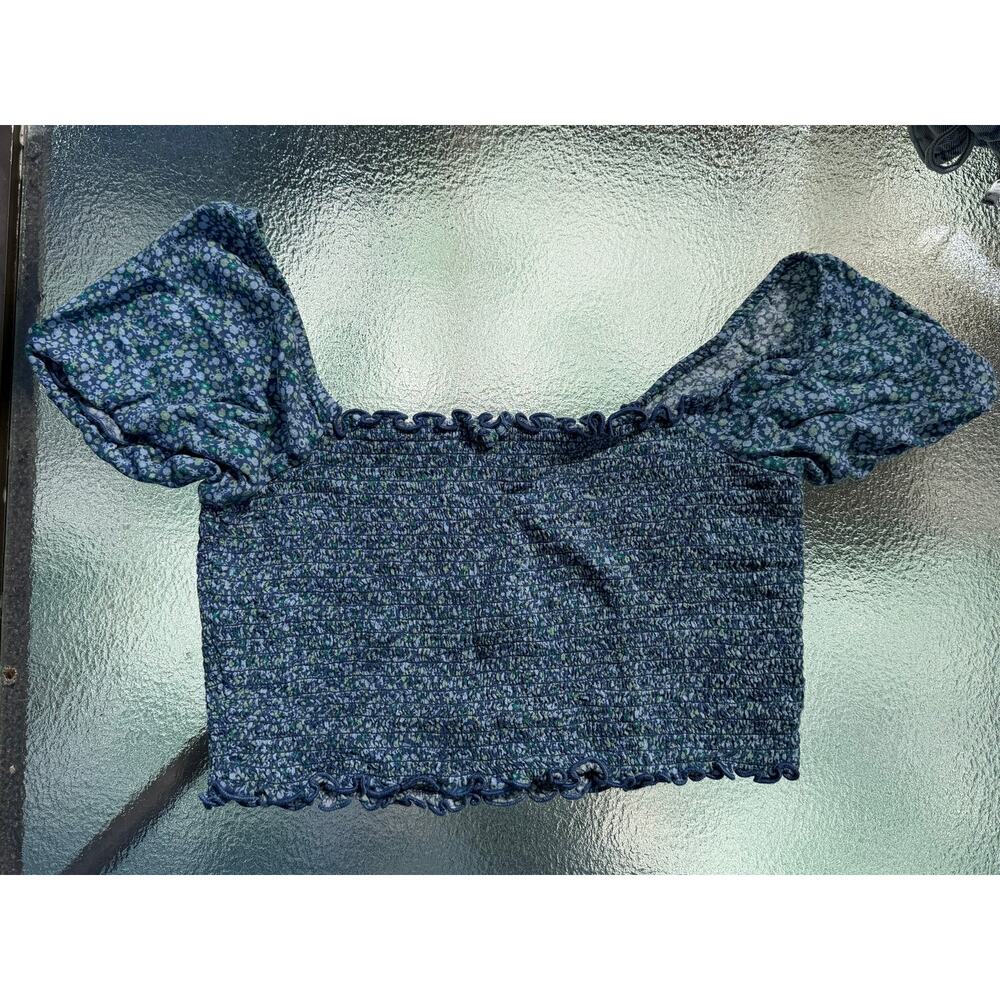 Aerie Blue Floral Smocked Puff Sleeve Crop Top Small